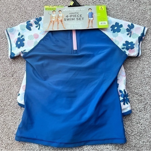 NWT! Youth Eddie Bauer 4 piece reversible swim set size small 7/8 - Picture 1 of 11